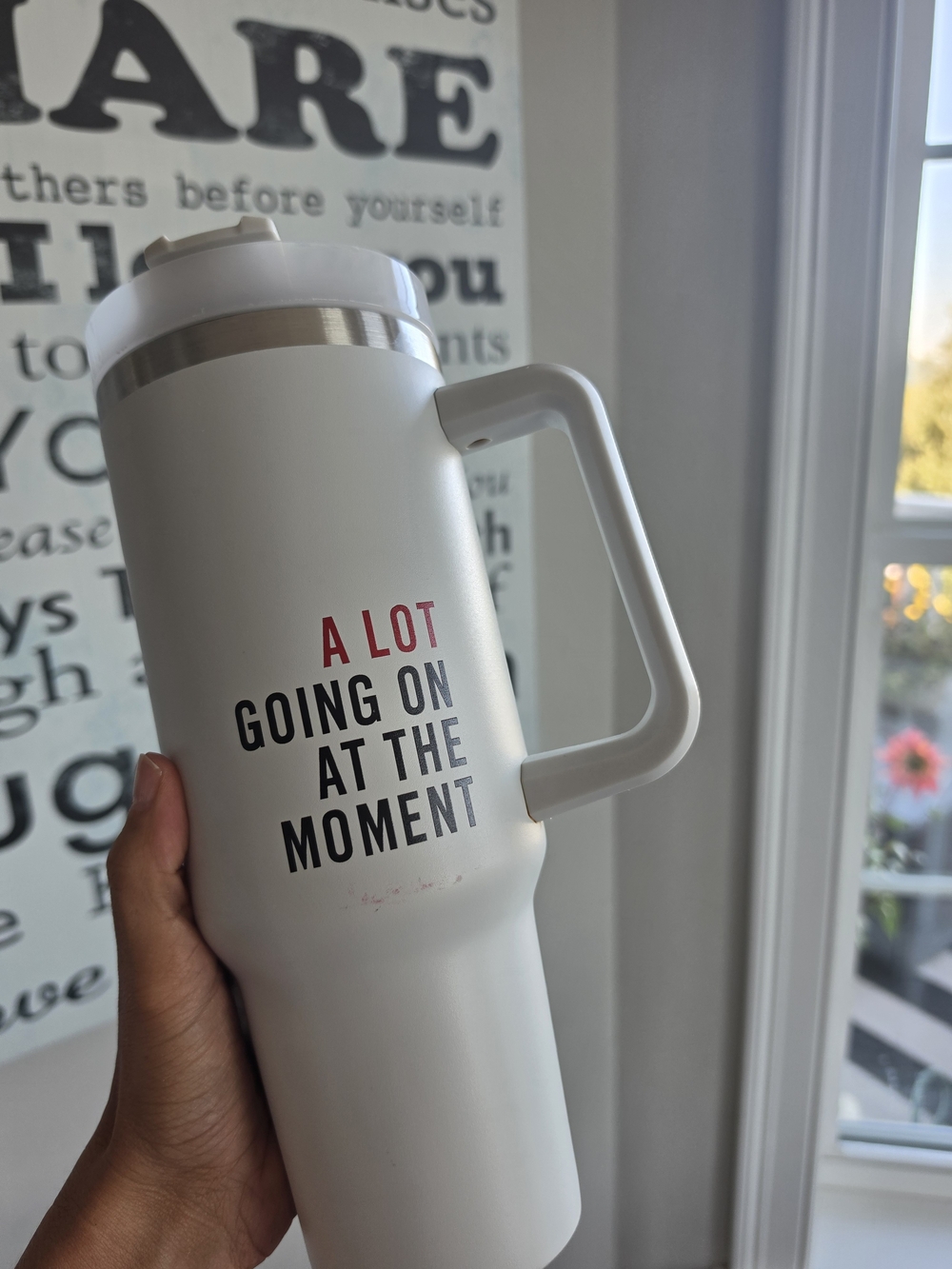 Altar'd State White Travel Tumbler with Handle and Red/Black Text